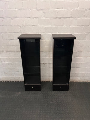 Black Slim Display Cabinet with Glass Door and Drawer — Well Used with Visible Wear – side view