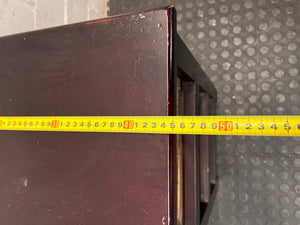 Dark Wood Bedside Table with Woven Wicker Drawers — Well Used with Visible Surface Wear – width measurement