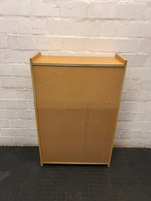 Oak-Finish Three-Tier Bookshelf — Well Used with Visible Surface Marks – condition detail