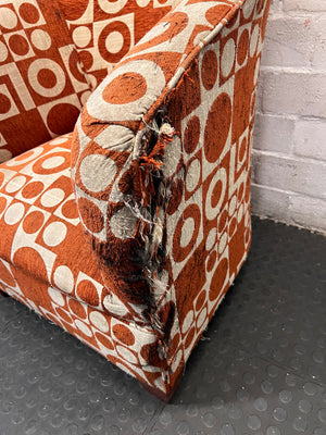 Geometric Print 1 Seater Tub Chair in Orange and Cream — Well Used with Visible Fabric Wear – condition detail