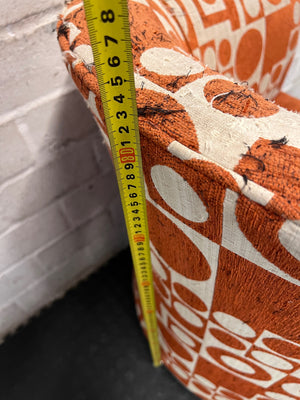 Geometric Print 1 Seater Tub Chair in Orange and Cream — Well Used with Visible Fabric Wear – height measurement