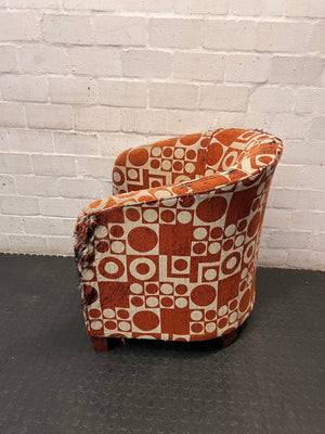 Geometric Print 1 Seater Tub Chair in Orange and Cream — Well Used with Visible Fabric Wear – side view
