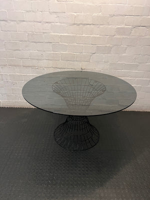 Round Smoked Glass Dining Table with Black Steel Wire Base — Very Good Condition – main front view