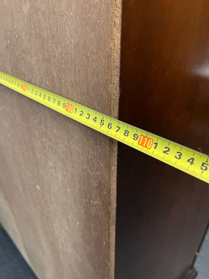 Classic Dark Wood Armoire with Scalloped Top — Well Used Wardrobe with Visible Wear – depth measurement
