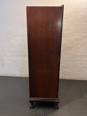 Classic Dark Wood Armoire with Scalloped Top — Well Used Wardrobe with Visible Wear – top view