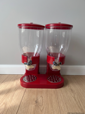 Red Double Cereal Dispenser with Chrome Accents — Clean and Pre-owned Condition – styled product image