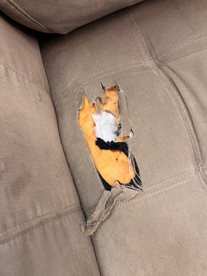Large Brown L-Shape Sectional Couch with Tufted Detail — Damaged Underneath with Corner Tears and Stains – condition detail