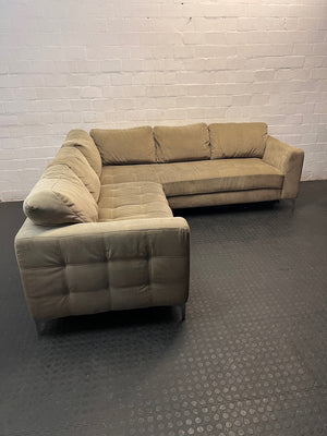 Large Brown L-Shape Sectional Couch with Tufted Detail — Damaged Underneath with Corner Tears and Stains – main front view