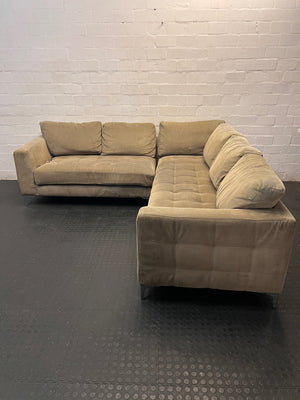 Large Brown L-Shape Sectional Couch with Tufted Detail — Damaged Underneath with Corner Tears and Stains – side view