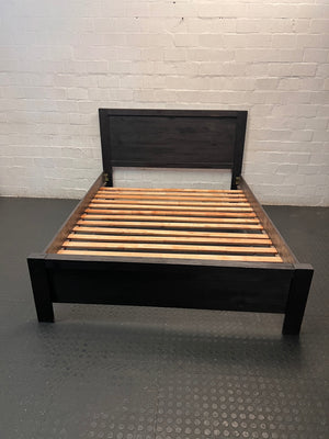 Dark Brown Wooden Queen Bed Frame — Structural Faults Present – main front view