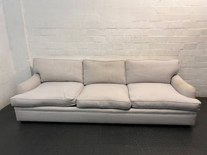 Light Grey 3 Seater Couch with Feather Inner — Visible Wear and Minor Stains – top view