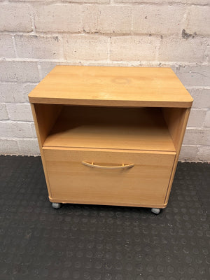 Mobile Light Wood Pedestal with Drawer and Cubby – main front view