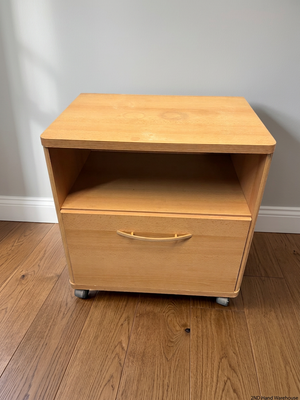 Mobile Light Wood Pedestal with Drawer and Cubby – styled product image
