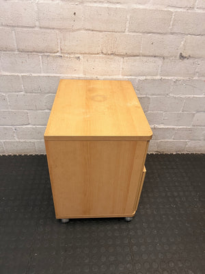Mobile Light Wood Pedestal with Drawer and Cubby – top view