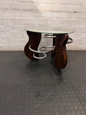 Round Glass Coffee Table with Spiral Wood and Metal Base — Well Used Condition – back view
