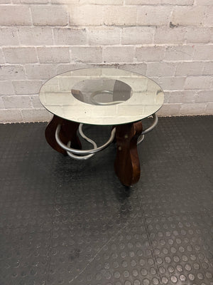 Round Glass Coffee Table with Spiral Wood and Metal Base — Well Used Condition – side view
