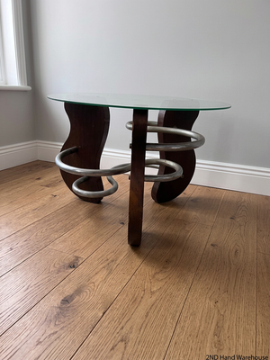 Round Glass Coffee Table with Spiral Wood and Metal Base — Well Used Condition – styled product image