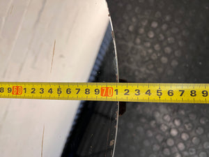 Round Glass Coffee Table with Spiral Wood and Metal Base — Well Used Condition – width measurement