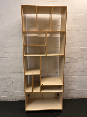 Tall Asymmetrical Shelving Wall Unit with Bottom Cupboard — Fair Used Condition – back view