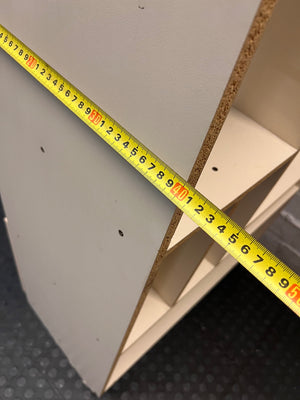 Tall Asymmetrical Shelving Wall Unit with Bottom Cupboard — Fair Used Condition – width measurement