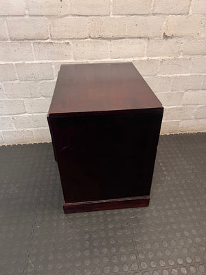 Mahogany Wood Bedside Table with Geometric Panel Drawers — Fair Condition with Visible Wear – condition detail