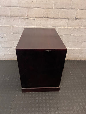 Dark Wood 2-Drawer Bedside Table with Bevelled Detail — Fair Condition with Visible Wear – top view