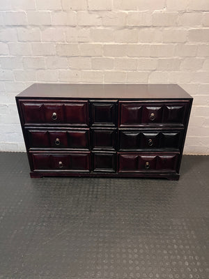 Dark Wood 6-Drawer Chest with Textured Panelling — Fair Condition – main front view