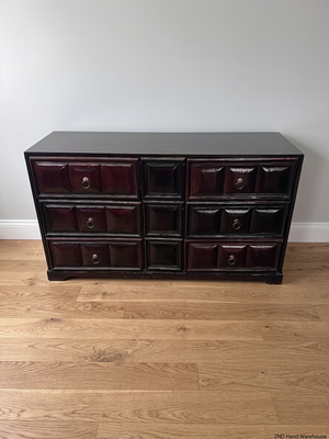 Dark Wood 6-Drawer Chest with Textured Panelling — Fair Condition – styled product image