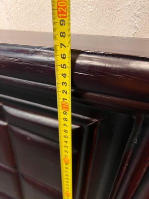 Mahogany Curved King Headboard with Quilted Inset — Fair Condition with Chipped Bedside Tables – height measurement