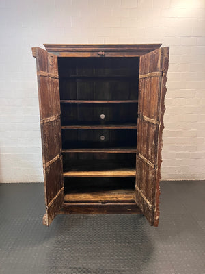 Carved Indian Teak Double Door Armoire — Good Working Order – side view