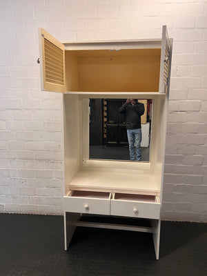 Tall White Wooden Dressing Table with Louvre Cupboard — Very Good Condition – side view