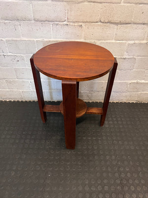 Round Wooden Side Table with Lower Shelf — Fair Condition with Surface Wear – condition detail