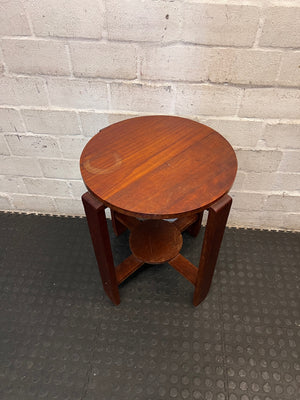 Round Wooden Side Table with Lower Shelf — Fair Condition with Surface Wear – side view