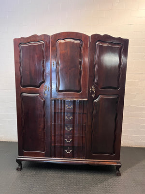 Vintage-Style Dark Wood 3-Door Wardrobe with Drawers — Loose Drawers and Non-Locking Doors – main front view