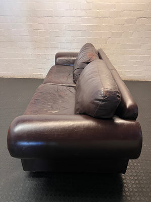 Coricraft Brown Leather 3 Seater Couch with Stud Detail — Broken Cushion Zip and Visible Leather Wear – side view