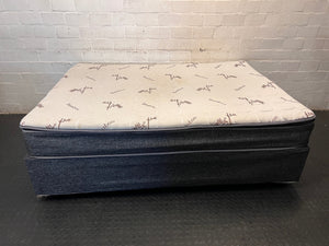 Queen Bamboo Pattern Mattress and Grey Upholstered Base — Mattress in Poor Condition; Base Shows Wear – back view