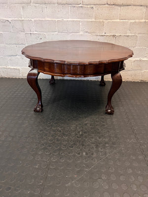 Dark Brown Round Coffee Table with Ball and Claw Feet — Well Used Condition – side view