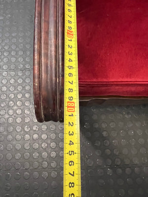 Vintage Red Upholstered Armchair with Slatted Wooden Frame — Well Used Armchair – depth measurement