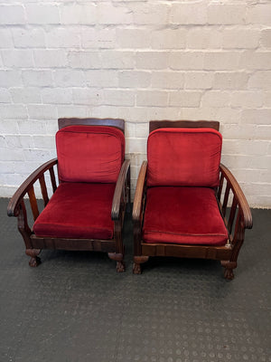 Vintage Red Upholstered Armchair with Slatted Wooden Frame — Well Used Armchair – side view
