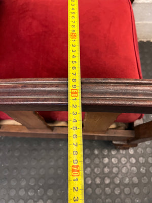 Vintage Red Upholstered Armchair with Slatted Wooden Frame — Well Used Armchair – width measurement