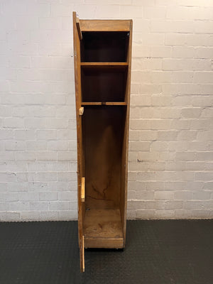 Tall Narrow Wooden Wardrobe on Wheels — Well Used Condition – side view
