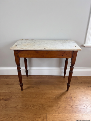 Marble Top Console Table with Turned Wooden Legs — Fair Condition With Visible Wear – styled product image
