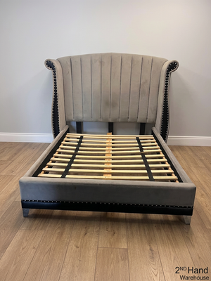 Grey Velvet Wingback King Bed Frame with Stud Detail — Visible Staining on Velvet Upholstery – styled product image