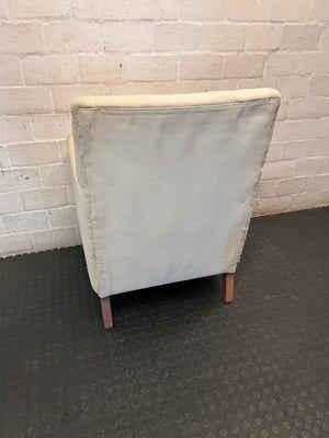 White Textured Fabric Armchair with Wooden Feet — Well Used Condition – back view