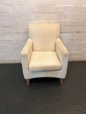 White Textured Fabric Armchair with Wooden Feet — Well Used Condition – main front view