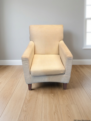 White Textured Fabric Armchair with Wooden Feet — Well Used Condition – styled product image
