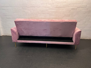 Pink Velvet 3 Seater Sleeper Couch with Gold Legs — Brand New in Packaging – back view