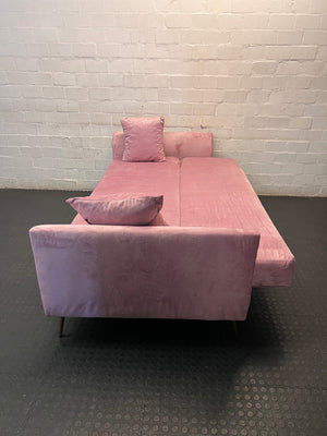 Pink Velvet 3 Seater Sleeper Couch with Gold Legs — Brand New in Packaging – condition detail