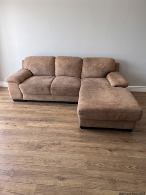 Light Brown L-Shape Suede Couch with Chaise — Good Working Order – styled product image