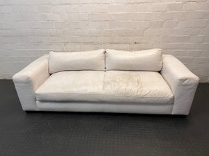 Modern White Leather 3 Seater Couch — Well Used With Significant Surface Wear – main front view